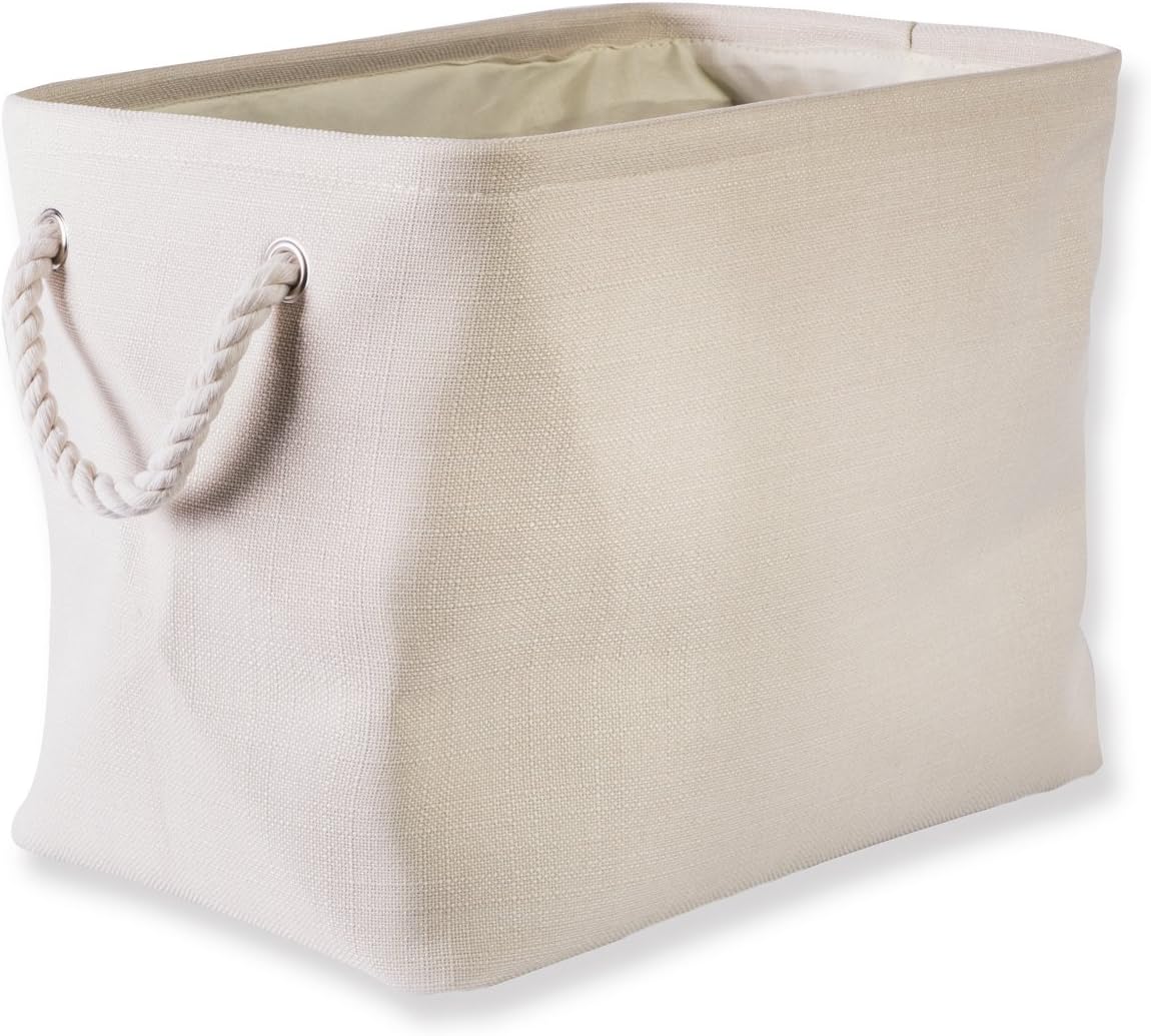 DII Collapsible Variegated Polyester Storage Bin, Medium Cream with Cotton Handles
