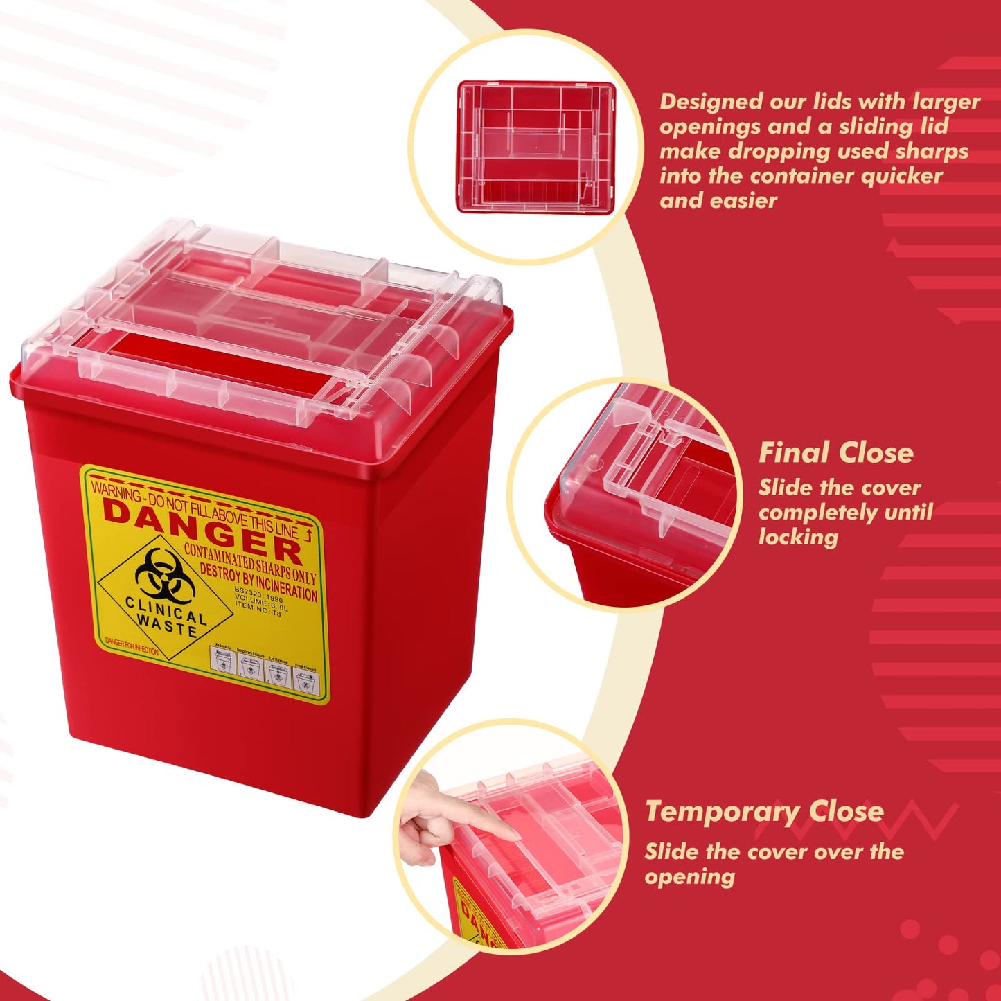 Lothee 6 Pack 2 Gallon Sharp Containers for Needles Disposal Containers Sharps Biohazard Needle and Syringe Disposal, Medical Grade, Red