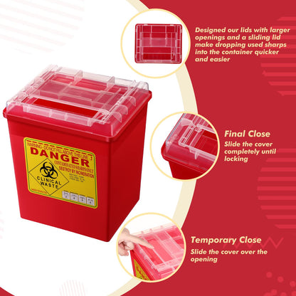 Lothee 6 Pack 2 Gallon Sharp Containers for Needles Disposal Containers Sharps Biohazard Needle and Syringe Disposal, Medical Grade, Red