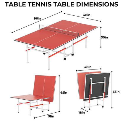 8FT Table Tennis Table with Net, Indoor/Outdoor Professional Ping Pong Table for Kids Adults, Folding Ping Pong Table, Complete Set with Paddles and Balls, School Playground Game Table (Red)