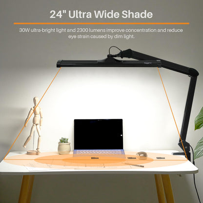 Bemelux LED Architect Desk Lamp, 2300 Lumens, Dimmable, Metal Swing Arm, 5 Color Temperatures, 30W, Ideal for Task Work, Drafting, Reading, Clamp-on Office Table Lamp with 360 Bright LEDs (Black, CCT)