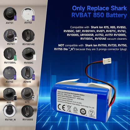 Replacement Shark RVBAT850 Battery for Shark Ion R75 R85 RV850 S87 AV752 AV751 RV761 RV851WV RV871 RV1000S RV1100VL RV101AE UR1000SR vacuum 3200mAh 14.4v/14.8v OEManufacturer CHAM (2-Prong Connector)