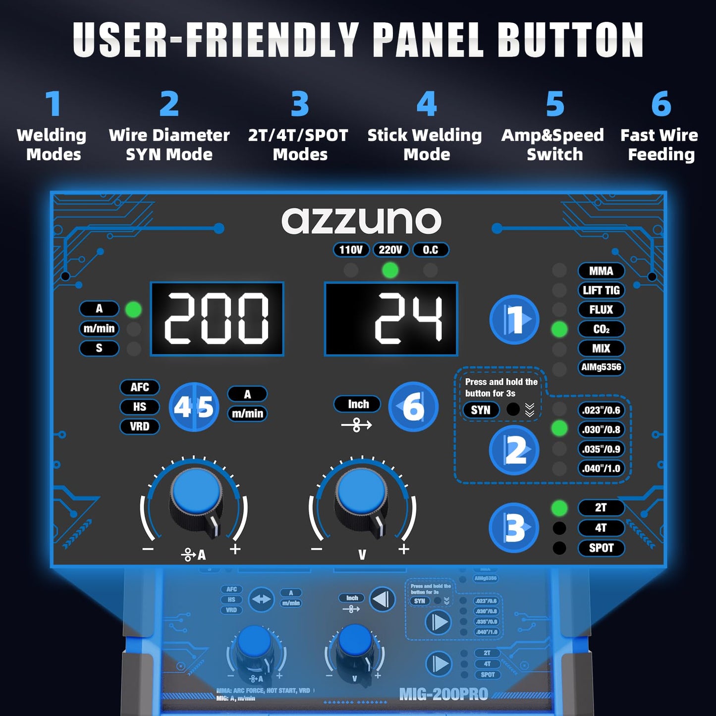 AZZUNO 8 in 1 200A MIG Welder & .035" Magnesium Aluminum Mig Welding Wire ER5356 1LB, 110V/220V Welder Machine Flux Core MIG/Gas MIG/MAG/Aluminum MIG/Spot MIG/Lift TIG/Stick Welding/Spool Gun Compatib