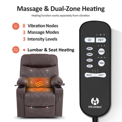 MCombo Small Power Lift Recliner Chair Sofa with Massage and Dual Heating, Adjustable Headrest for Elderly People Petite, USB Ports, 7111 (Single Motor, Dark Coffee)