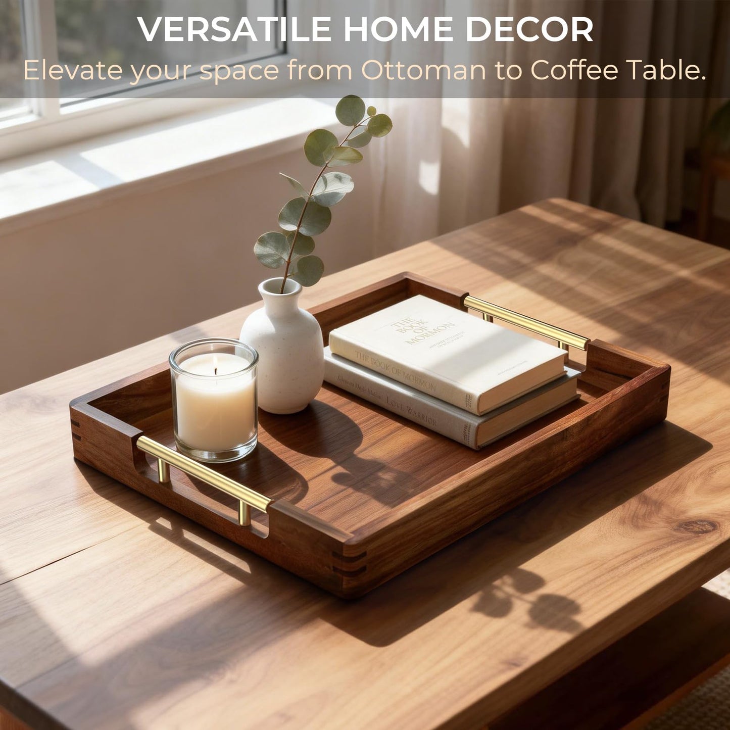 ZENPTIA Acacia Wood Serving Tray with 2 Sets of Handles (Gold & Silver) - 17" Large Wooden Tray for Ottoman Coffee Table, Decorative Tray for Living Room & Kitchen - Solid Wood Table Topper