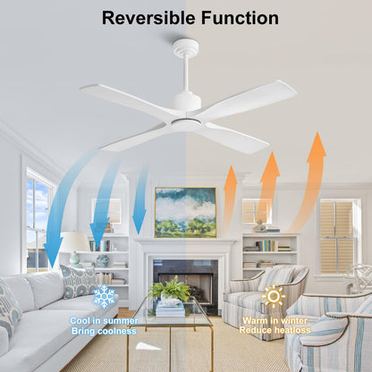 LEDLUX 54" Ceiling Fan without Lights -Modern Ceiling Fan no Light, 6-Speed Remote, 4 Solid Wood Blades, Quiet DC Motor, for Bedroom, Living Room, Outdoor, White