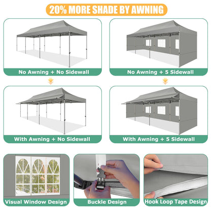 COBIZI 10x30 Pop Up Canopy Tent with Awning,Heavy Duty Canopy UPF 50+ All Season Wind Waterproof Commercial Outdoor Street Vendors Party Tents for Parties Canopy with Roller Bag(10 x 30 ft Gray)