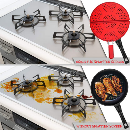 K KIRKWOOD KITCHEN Splatter Screen for Frying Pan Foldable Grease Splatter Guard Silicone Splatter Shields Multifunction Oil Screen for Skillet with Folding Handle Bacon Splatter Screen Strainer