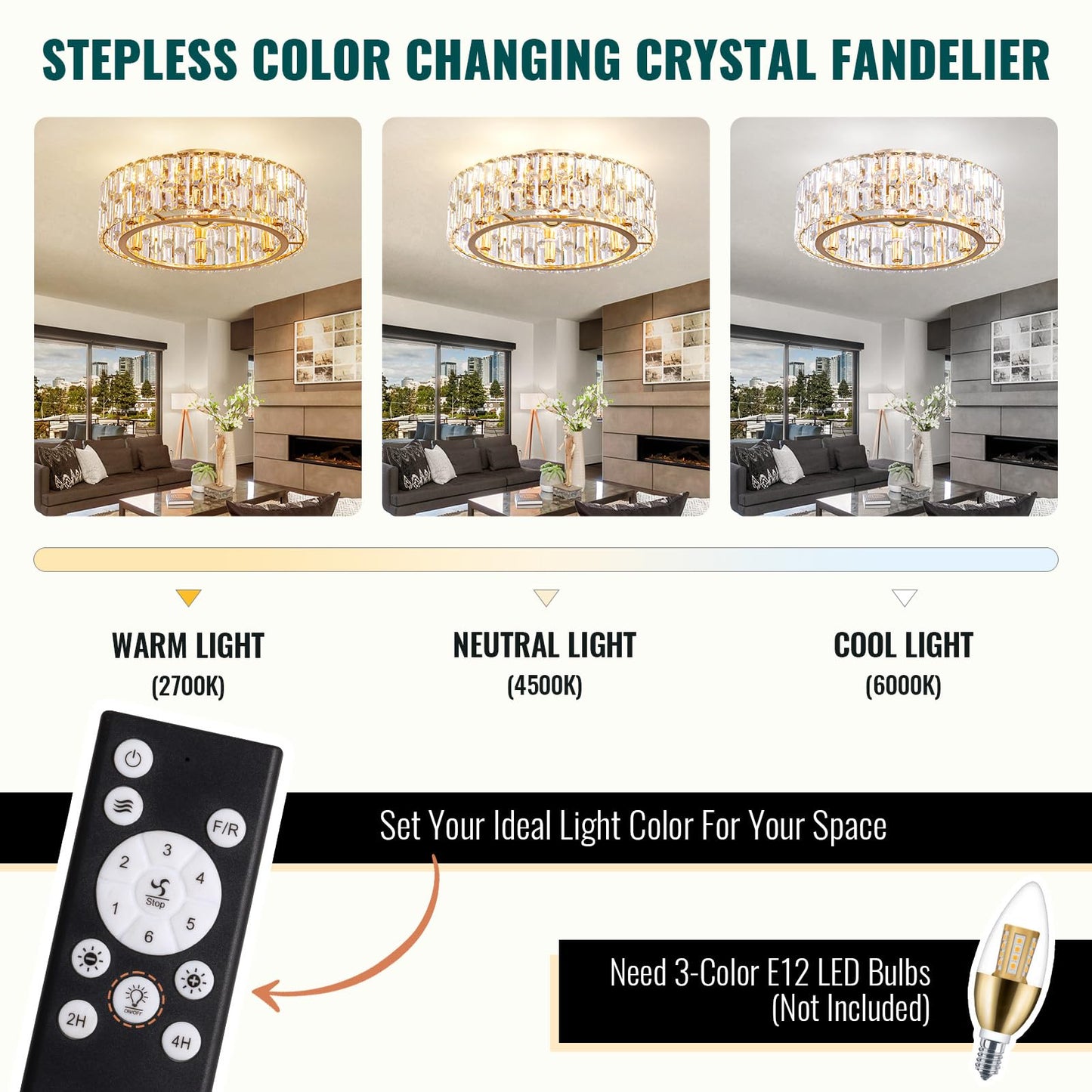 Siljoy 20’’ Gold Crystal Ceiling Fan with Light, Modern Caged Ceiling Fan with Lights and Remote, 6 Speeds Reversible Dimmable Quiet DC Motor Fandelier for Girl’s Bedroom Living Room, 6 x E12