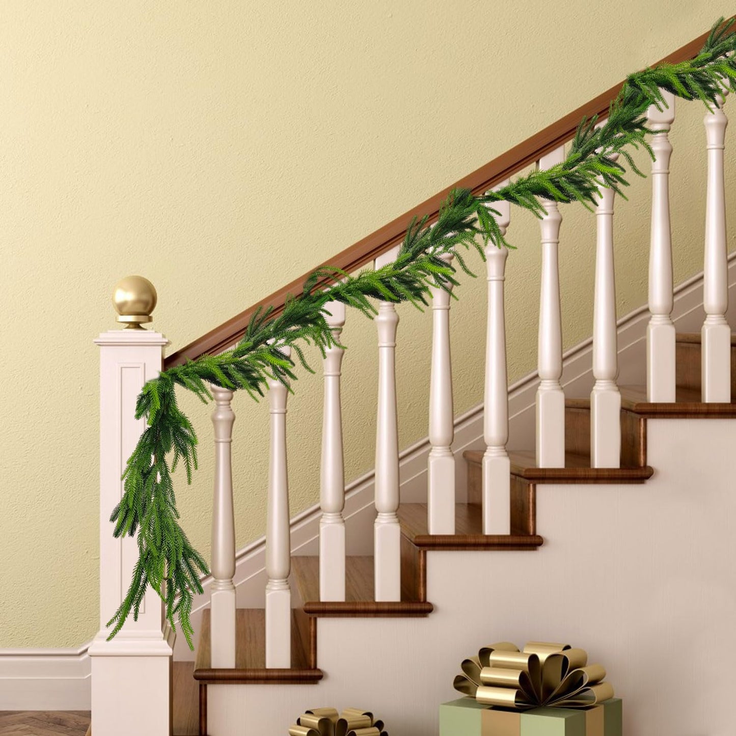 GLLBTPT Christmas Norfolk Pine Garland,9 ft Artificial Green Garland Holiday Decoration Outdoor Indoor for Stairs Railing Fireplace