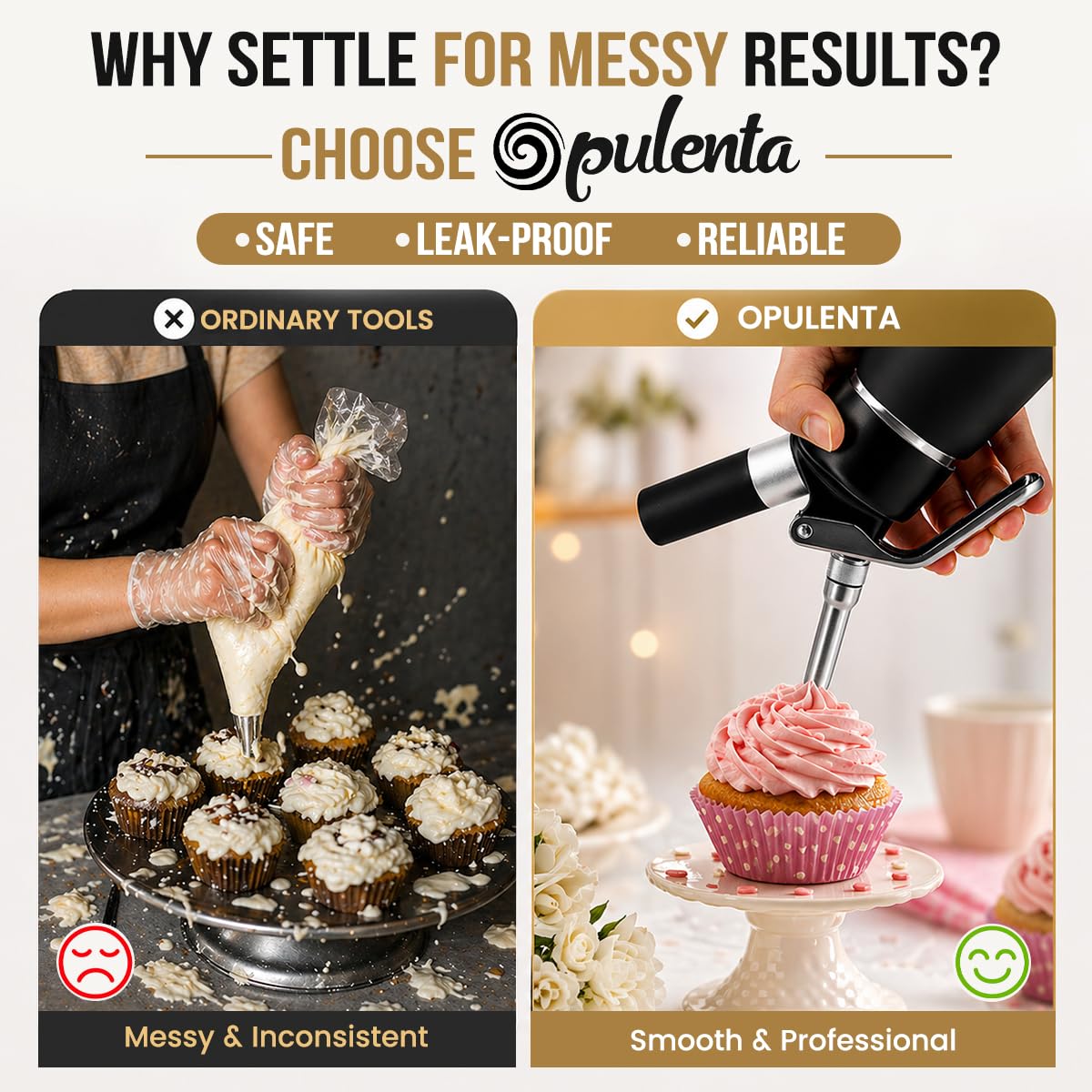 Opulenta Premium Whipped Cream Dispenser – Leak-Proof Whip Maker with 3 Stainless Steel Nozzles, Spatula, Food Pen & Brush – Professional Whipped Cream Maker Canister – N2O Not Included – 500ml