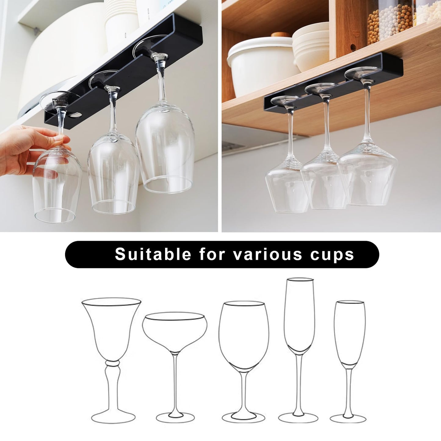 Vaisoeny Wine Glass Holder, 2 Pack, No Drilling Required, Hanging Stemware Rack Organizer for Bar Cabinet Kitchen, Black