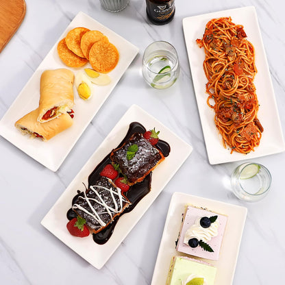 DOWAN 12" Rectangle Plates Set of 4 - White Serving Platters for Party, Wedding, and Entertaining - Rectangular Serving Trays Dishes for Steak, Taco, Sushi, Appetizer, Cake - Dishwasher & Oven Safe