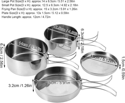 Portable Cookware Set, 4 Pcs Stainless Steel Camping Kitchenware Pan Pot Plate Tableware for Outdoor Cooking
