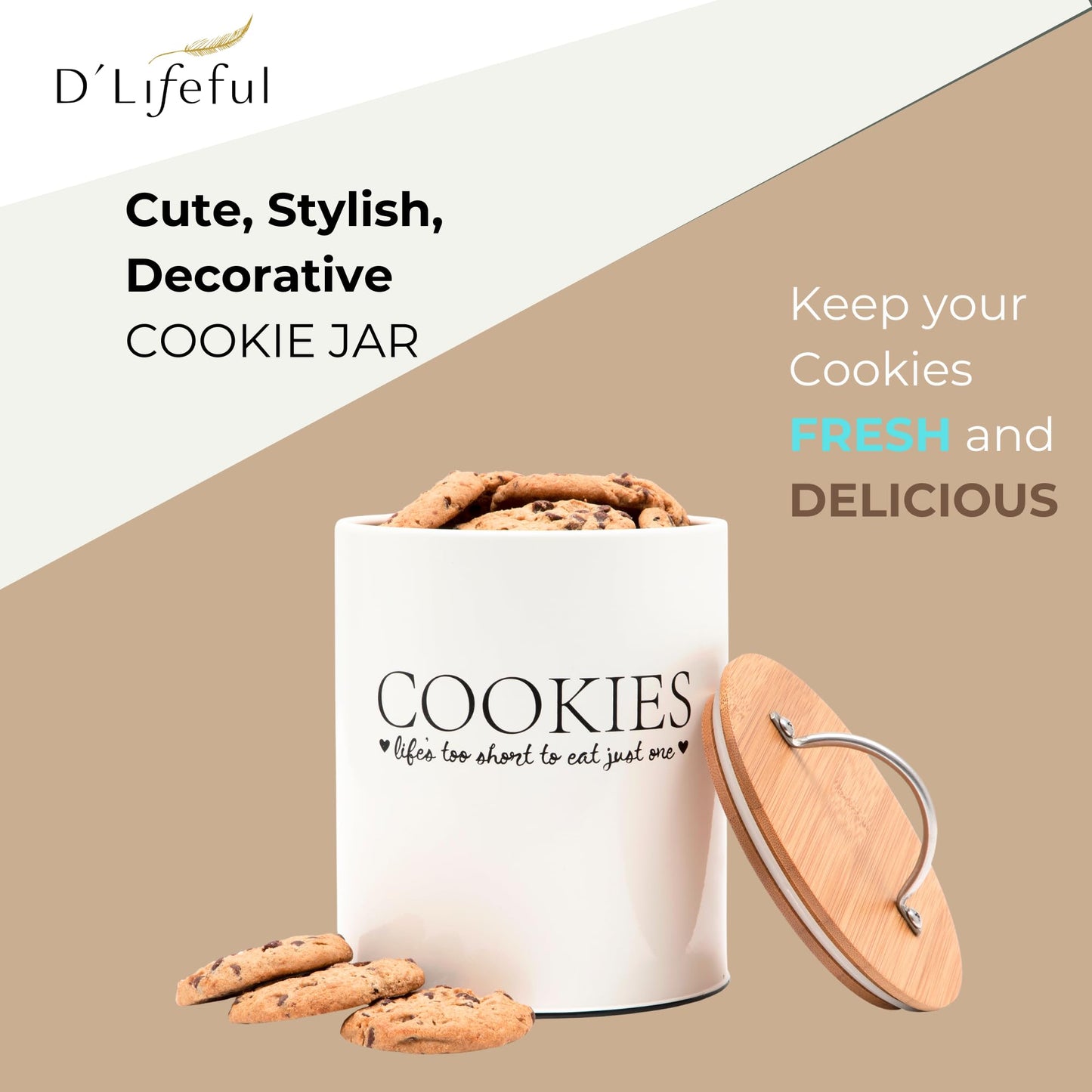 D'Lifeful Cookie Jar with Airtight Bamboo Lid – 0.6 Gallon Cute and Decorative Cookie Storage for Kitchen Countertop – Farmhouse Storage Tin for Freshness – Great Gift Idea