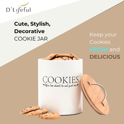D'Lifeful Cookie Jar with Airtight Bamboo Lid – 0.6 Gallon Cute and Decorative Cookie Storage for Kitchen Countertop – Farmhouse Storage Tin for Freshness – Great Gift Idea