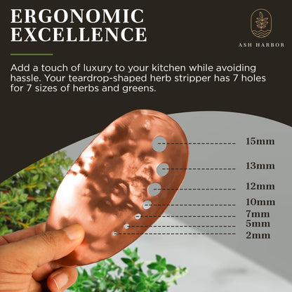 Handmade Copper Herb Stem Stripper Bowl – Herb Stripper Tool with 7 Hole Sizes – Shred & Catch Herbs & Greens - 5.5 x 3.5 In. Fun and Unique Kitchen Gadgets – Homesteading Essentials by Ash Harbor