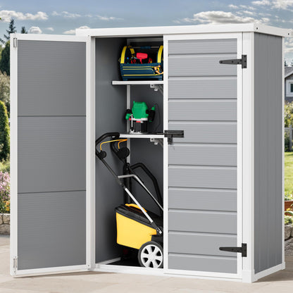DWVO 4.3x2x5.5ft Outdoor Vertical Storage Shed with 2 Shelves, 50 Cu Ft Waterproof Resin Garden Shed with Lockable Door, Plastic Tall Tool Cabinet for Garbage Cans, Lawn Garden Supplies (Gray)