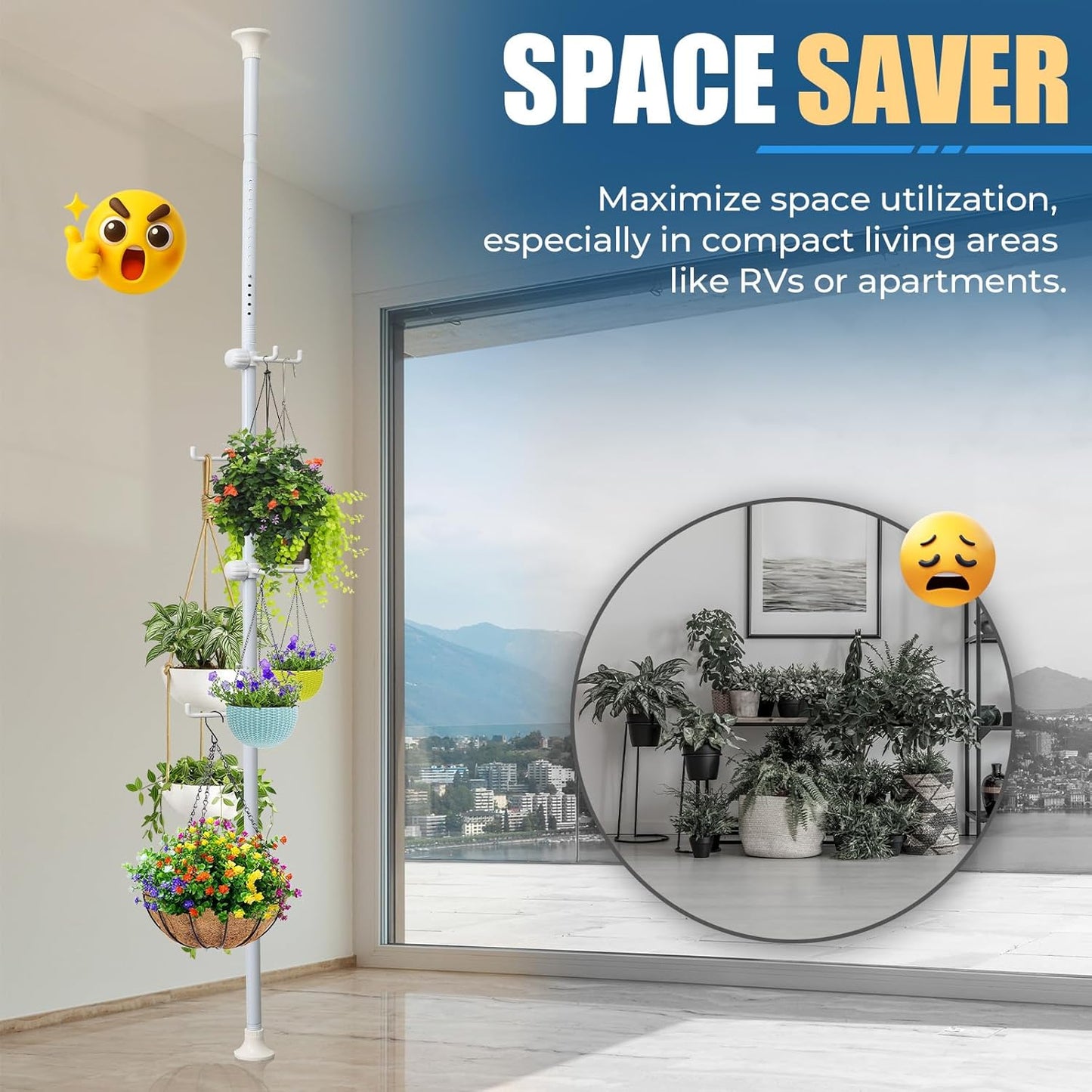 12 Corner Coat Rack - Hook Tension Rod Plant Stand Stainless Steel Organizer for Coats, Towels, Plants & More, No