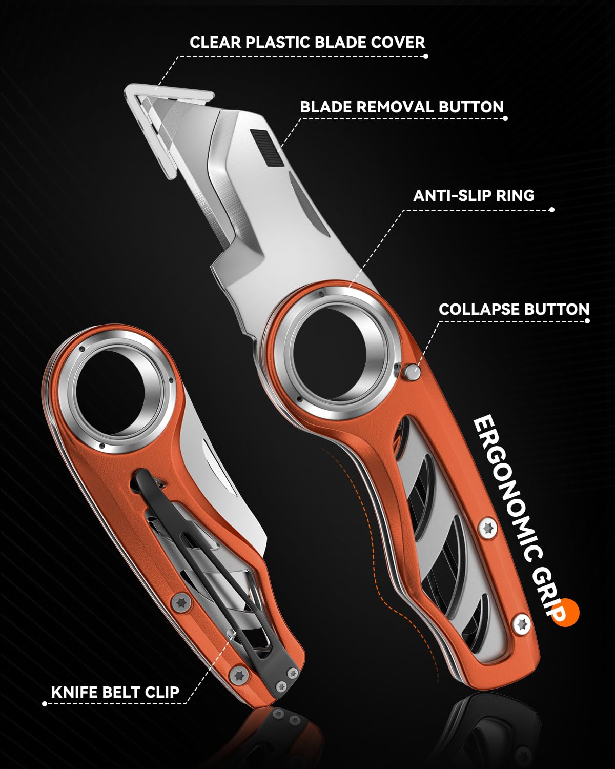 Folding Utility Knife Pocket Knife, Heavy-Duty Box Cutter with Anti Slip Finger Loop, Quick Change Blade Razor Knife, Box Cutters for Home, Office, Warehouse, Durable Razor Knife, Box Knife (Brown)