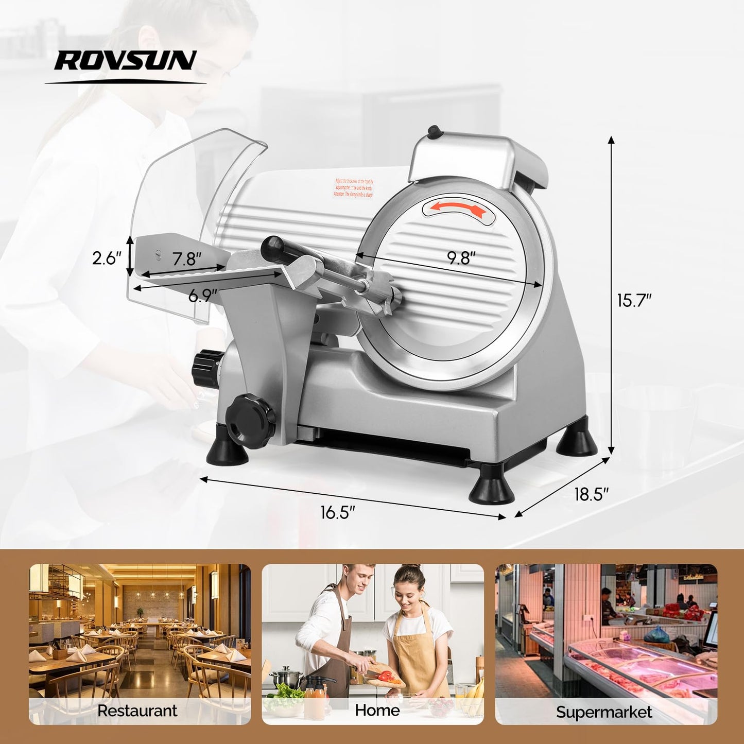 ROVSUN 10 inch Commercial Meat Slicer, 240W Electric Meat Slicer Machine, Frozen Meat Deli Cheese Food Slicer with Adjustable Thickness(0-12mm), Upgraded Carbon Steel Blade for Home and Commercial