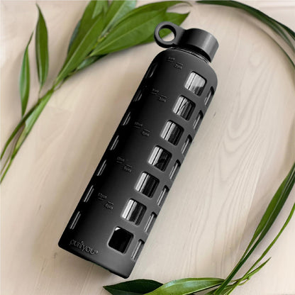 purifyou 40oz / 32oz / 22oz / 12oz Borosilicate Glass Water Bottle with Time & Volume Markers, Silicone Sleeve, Stainless Steel Lid | Reusable Glass Bottle for Water & Juice (32oz Jet Black)