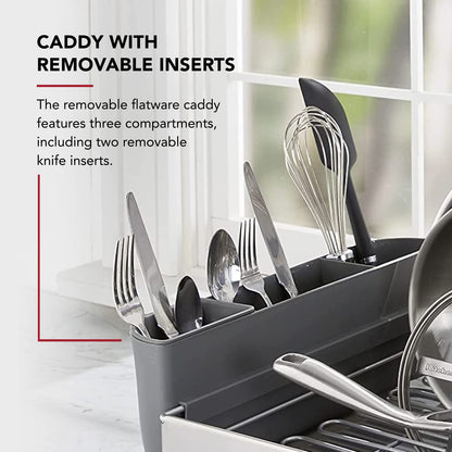 KitchenAid Large Capacity, Fully Size Self Draining Rust Resistatant Satin Coated Dish Rack with Removable Flatware Caddy 20.47-Inch, Gray