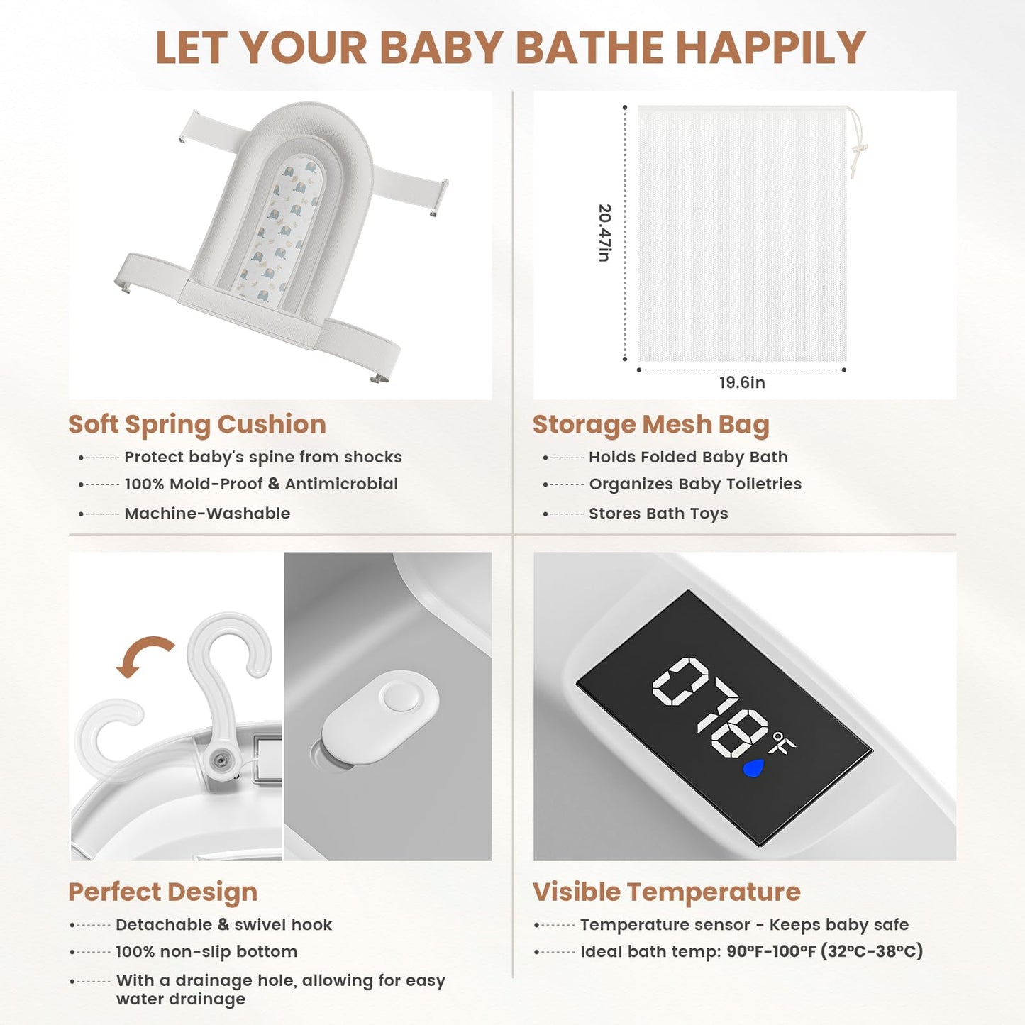 Collapsible Baby Bathtub with Soft Cushion and Thermometer, Newborn to Toddler Tub 0-36 Months with Toy Storage Mesh Bag, Portable Travel Bath for Infants (Grey)