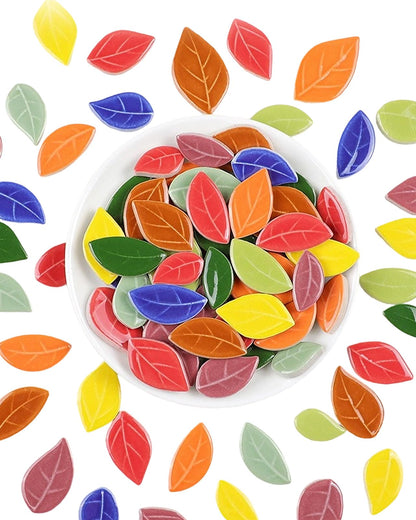 200g Mixed Sizes Leaves Mosaic Tiles for Craft Bulk, Small Ceramic DIY Stepping Stone Kit, Glazed Porcelain Tiles for Coasters Lamp Bathroom Decorations (Red)