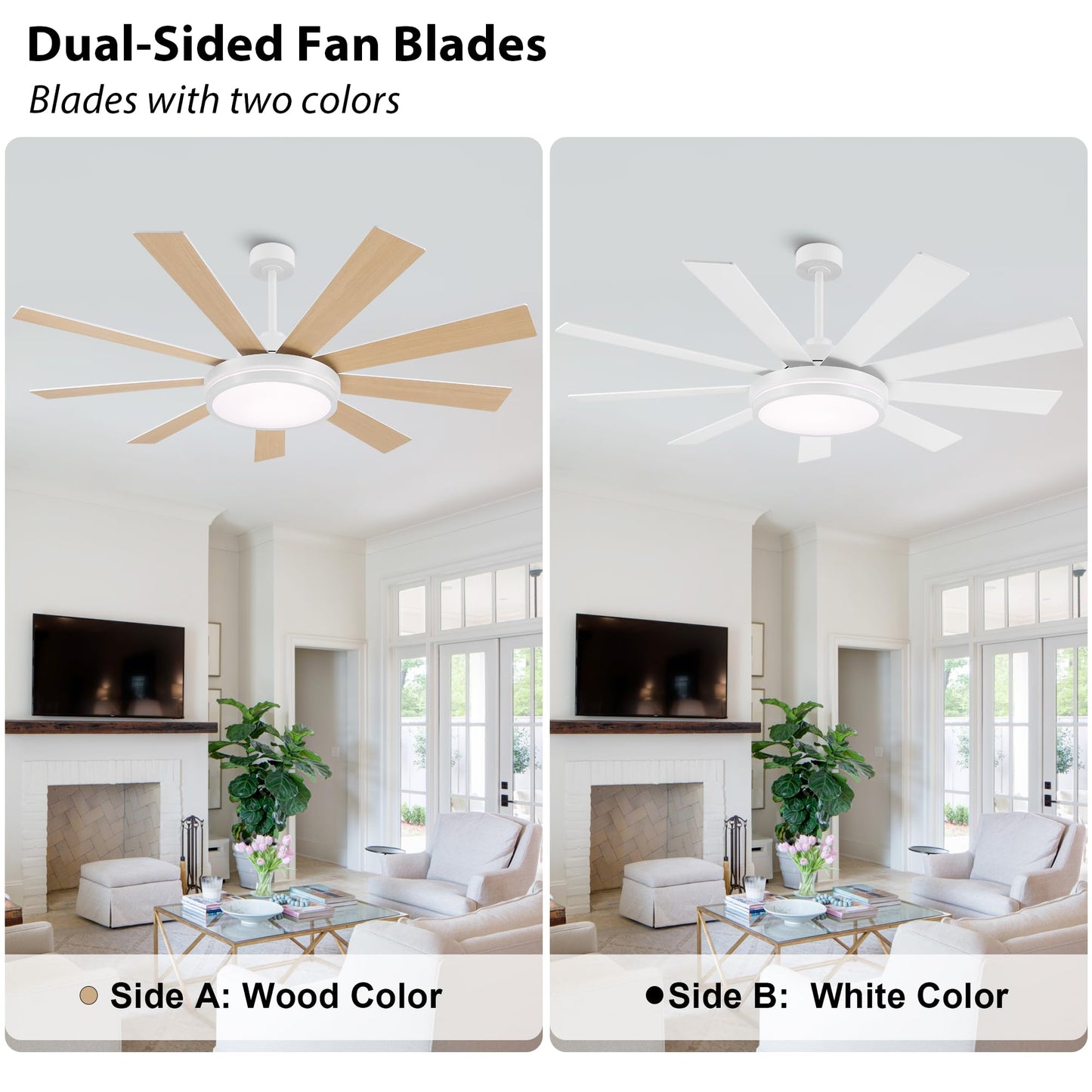 WINGBO 60" Ceiling Fan with Light - Large LED Dimmable Light, 6-Speed Remote Control, Reversible DC Motor, Modern Ceiling Fan 9 Blades for Bedroom, Living Room, Indoor Outdoor White and Oak