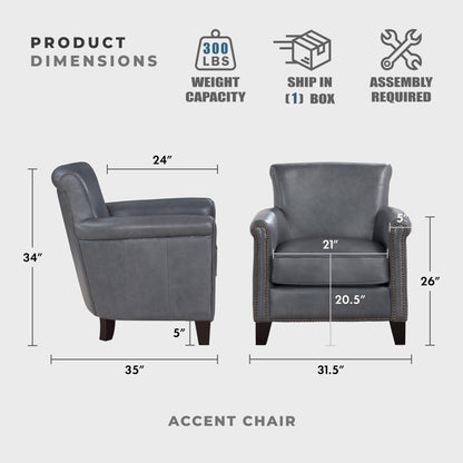 Lexicon 100% Top Grain Genuine Leather Chair, Leather Accent Chairs for Living Room, Solid Wood Frame, Rolled Armrest & Nailhead Trim, Comfy Reading for Bedroom, Office, Waiting Room, Burnish Gray