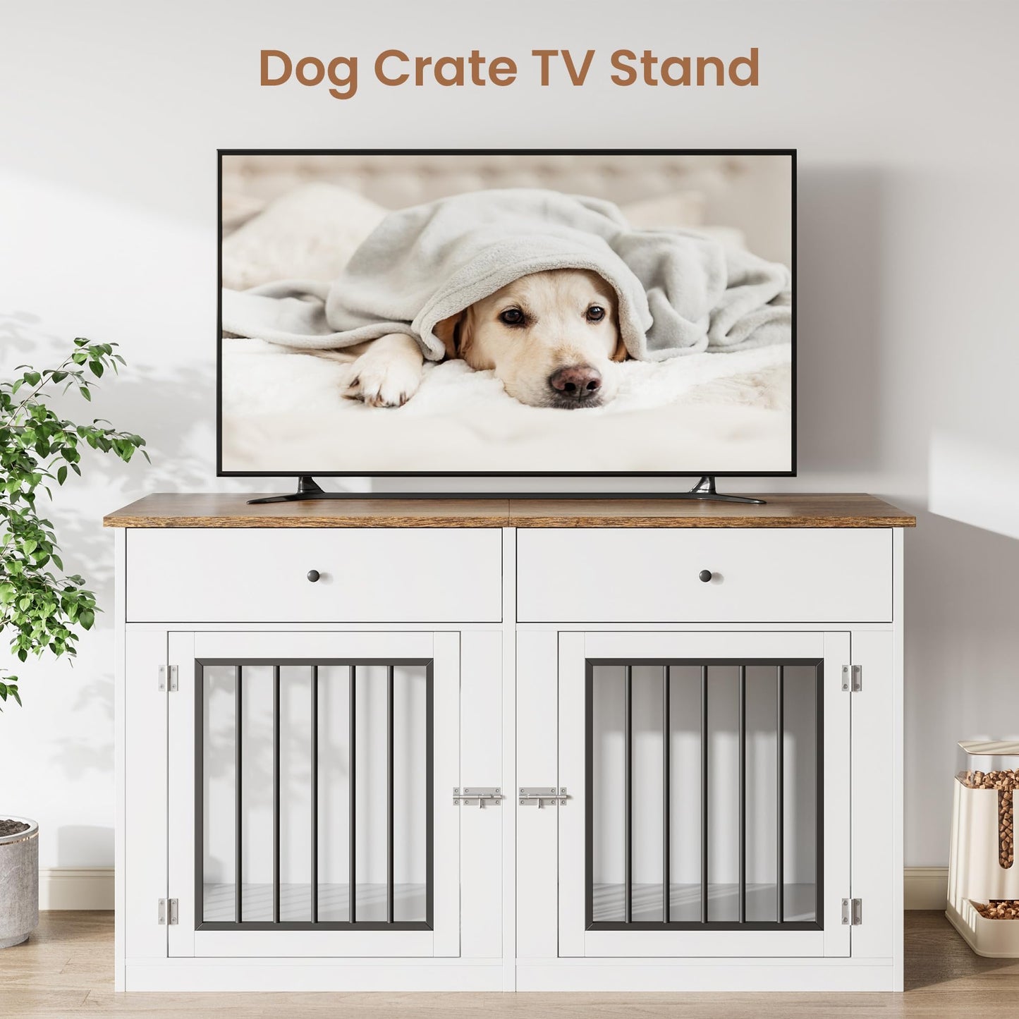 Dog Crate Furniture for 2 Dogs, 60" Farmhouse Dog Kennel Furniture with 2 Large Drawers, Indoor Dog Cage & TV Stand, Wooden Double Dog Crates for Small Medium Dogs, White