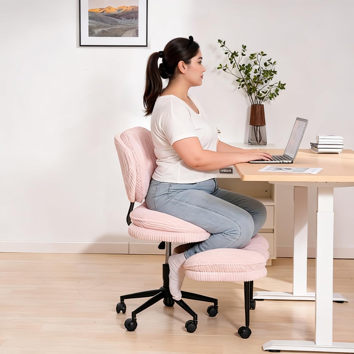 HOMRELEXA Extra-Wide & Tall Cross-Legged Office Chair – Deeply-Padded Cloud Seat, Ergonomic Back Support, Adjustable Height for ADHD & Meditation, Pink