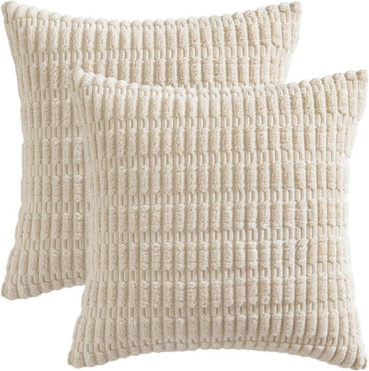 MIULEE Corduroy Decorative Throw Pillow Covers - Soft Boho Striped Design, 12x12 Inch, Cream White | Modern Farmhouse Home Decor
