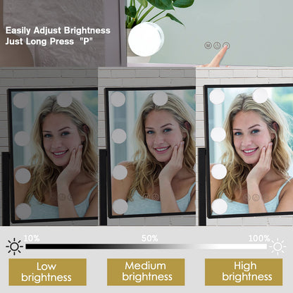 Lighted Makeup Mirror Hollywood Mirror Vanity Mirror with Lights, Touch Control Design 3 Colors Dimable LED Bulbs, Detachable 10X Magnification, 360°Rotation, (White) 12" L x 14" W