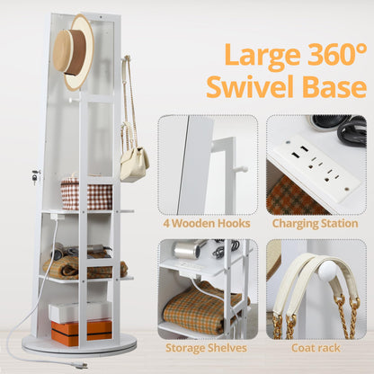 IRONCK 360° Swivel Mirrored Jewelry Cabinet with Full-Length Mirror, Charging Station, Lockable Standing Jewelry Organizer with Rear Storage Shelves, Interior Mirror, LED Lights, White