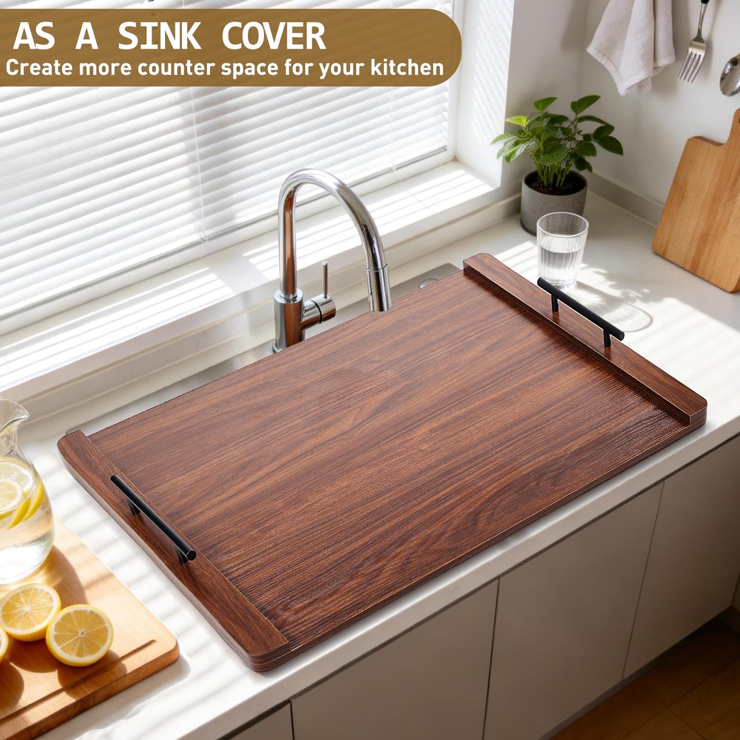 FUSOUBOTY Noodle Board Stove Cover with Handles, Wood Stove Top Covers for Electric Stove and Gas Burners, Wooden Decorative Serving Tray Kitchen Sink Cover for Counter Space (Walnut)