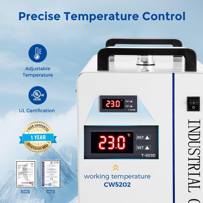 Cloudray Water Chiller CW-5202 6L for CO2 Laser Engraver & Cutting, Compatible with 2 Laser Tubes, Laser Chiller, Industrial Water Cooler，60W 70W 80W 90W 100W 120W 150W CO2 Laser Engraving Machines