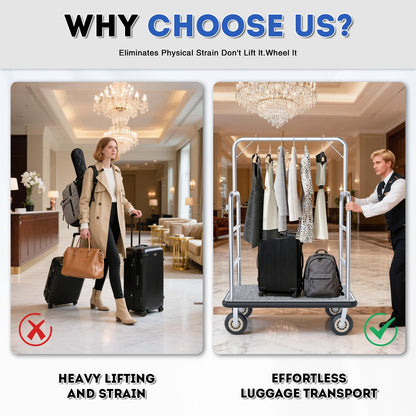 Hotel Luggage Cart, 1300LBS Load Capacity Bellman's Cart with 8" Wheels, Brushed Stainless Steel Commercial Grade Hotel Luggage Trolley with Grey Carpeted Deck for Hotels (42''L x 26''W x 70''H)