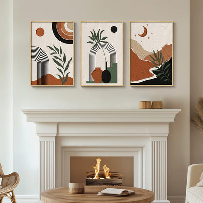 Framed Boho Sage Green Wall Art for Living Room, Large Mid Century Modern Tropical Leaf Canvas Artwork for Walls, 3 Piece Beige Orange Bohemian Wall Art Prints for Bedroom Kitchen Hallway, 16x24 Inch