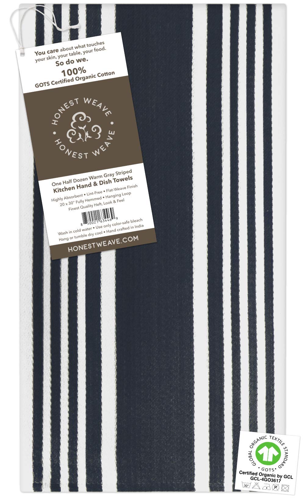 HONEST WEAVE GOTS Certified Organic Cotton Kitchen Hand and Dish Towel Sets - Oversized 20x30 inches, Fully Hemmed, in Designer Colors, 6-Pack, Black Stripe
