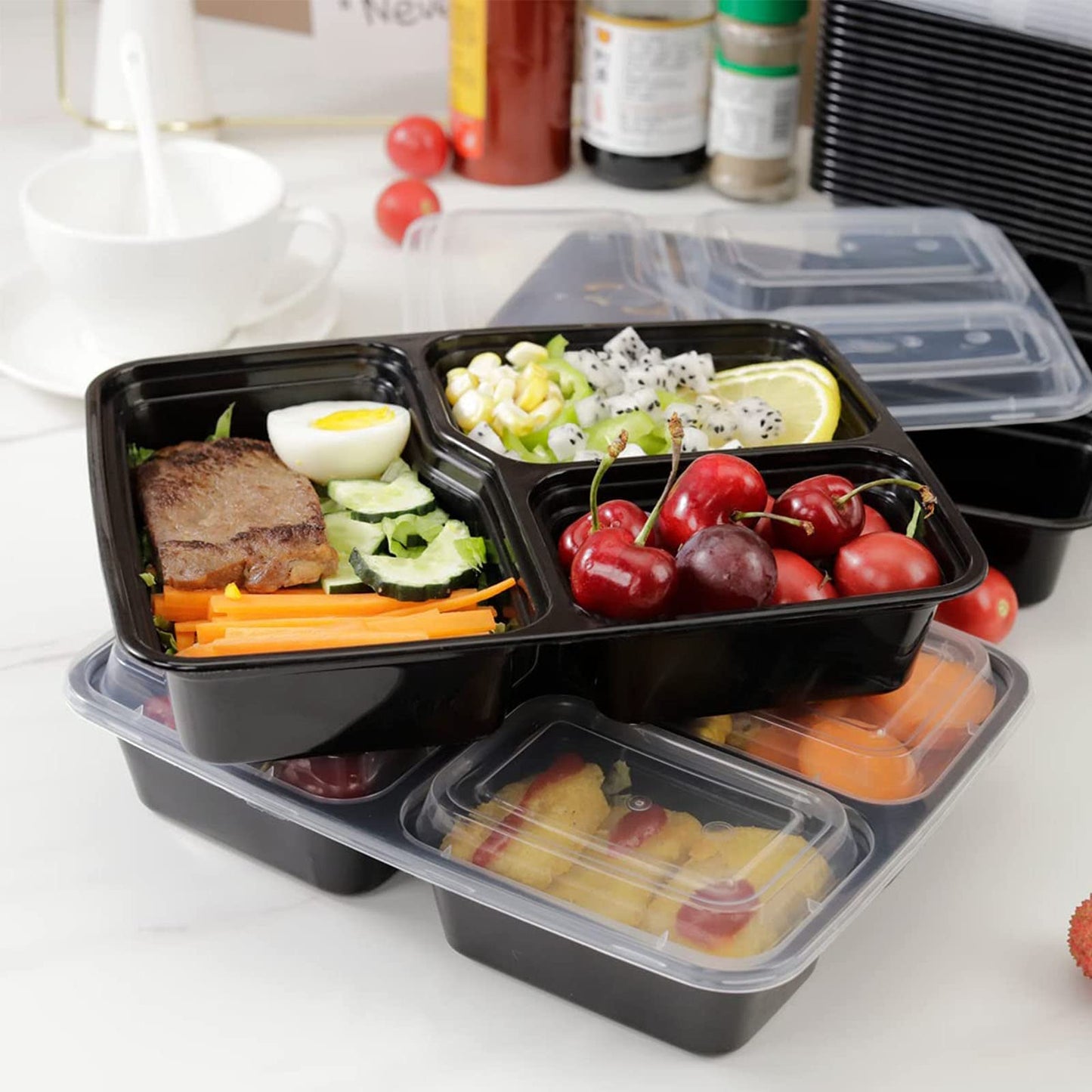 MORDEN MS Meal Prep Container With Lids, 50 Pack 3 Compartment Reusable Food Storage Container Divided Plastic Bento Box Lunch Box To-go Boxes(33oz)