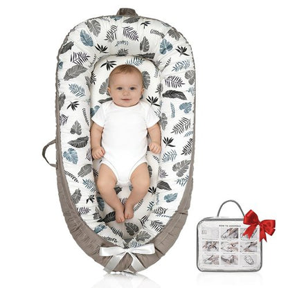Infant Support Cushion - Reversible & Adjustable Baby Support Mat for Tummy Time | Soft, Breathable, Washable Cover | Grey Leaves