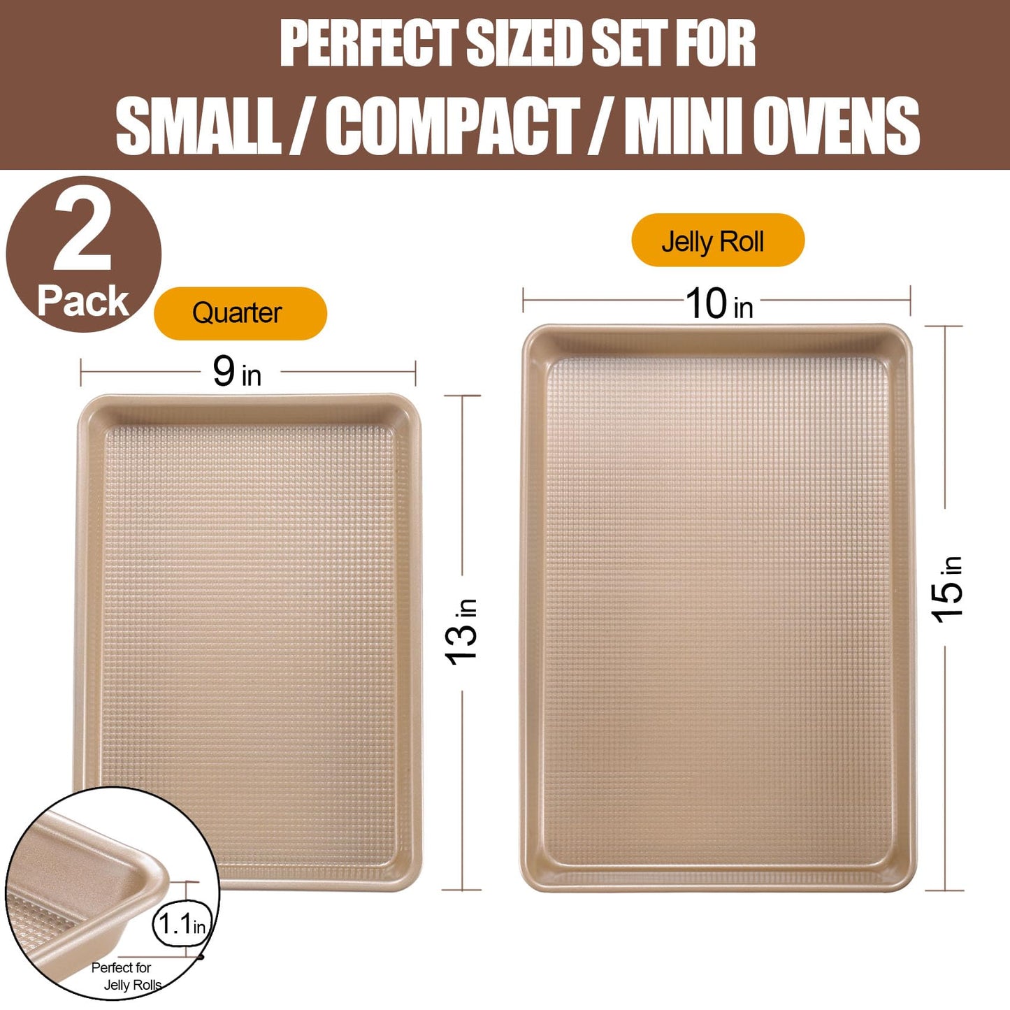JOHO BAKING Cookie Sheets for Baking Nonstick, 2 Pack Heavy Duty 0.8mm Baking Sheet Pan Set Quarter(9x13in) & Jelly Roll(10x15in) with Diamond Texture, Gold Commercial Grade, Small Oven Safe
