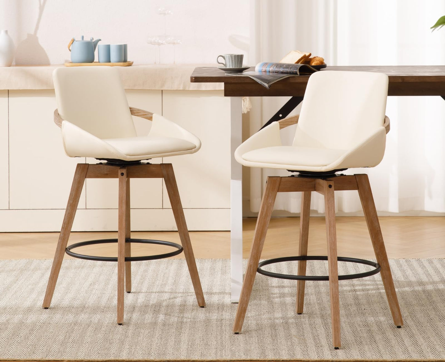 CIMOTA Leather Swivel Bar Stools Set of 4, Mid-Century Modern Counter Height Chairs with Faux PU Upholstery and Natural Wooden Legs for Kitchen Island, 26 Inch/Beige