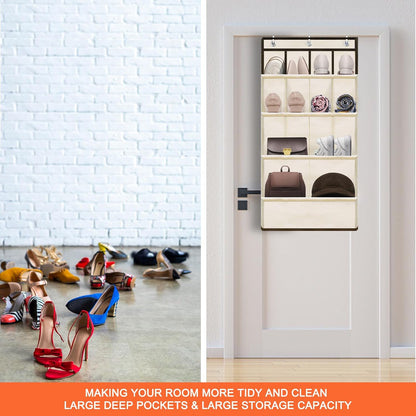 Over the Door Shoe Rack, Short Hanging Organizer with Large Deep Pockets for 14+ Pairs Shoes, Dorm Storage
