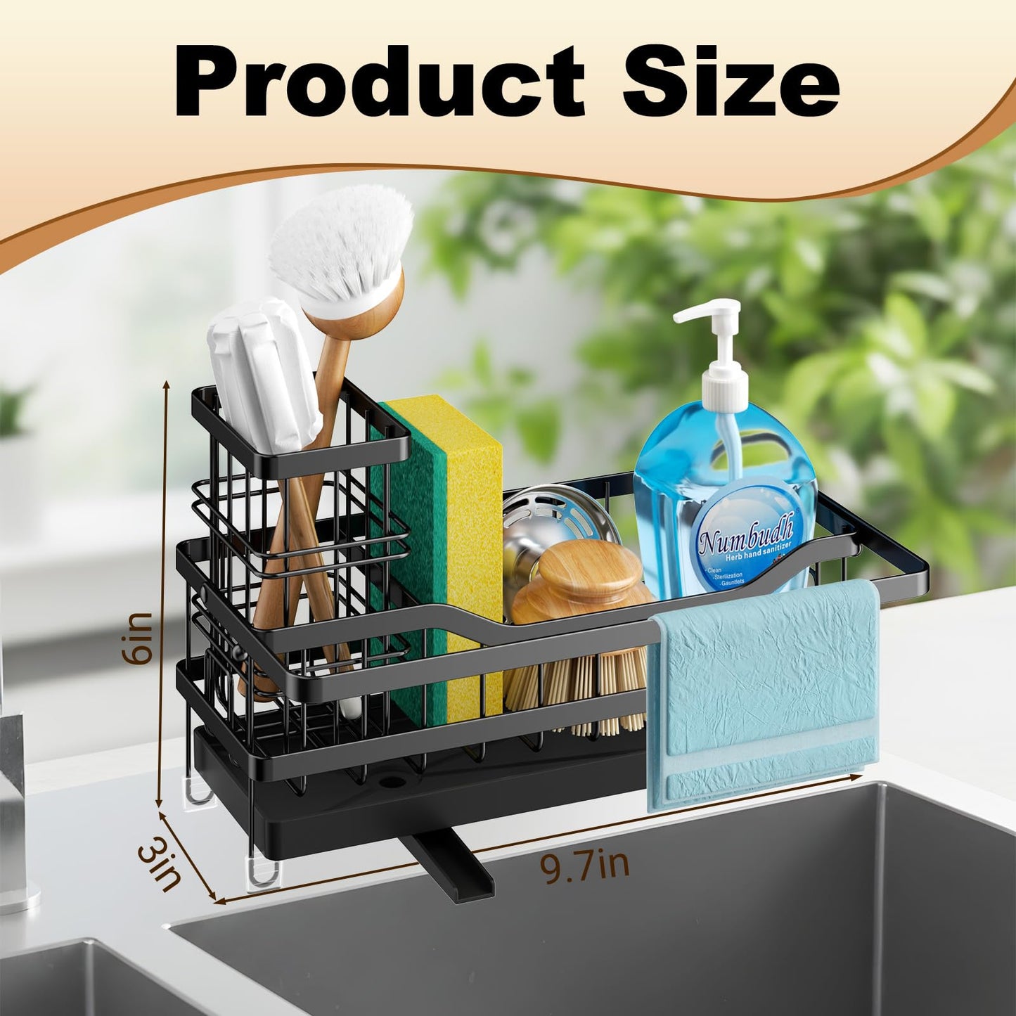 GUUKAR Sponge Holder for Kitchen Sink, Self-draining Sink Organizer with Towel Rack and Brush Holder, Metal Kitchen Sink Organizer for Countertop, Black
