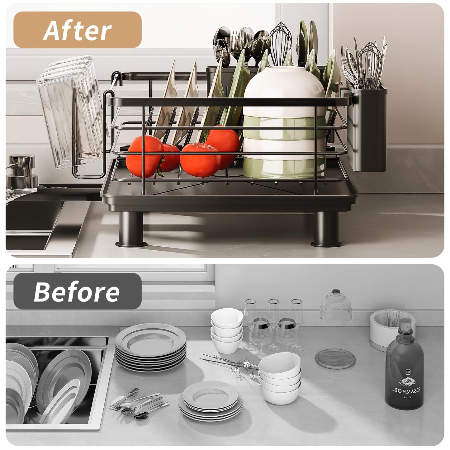 PureBox Dish Drying Rack with 2 Utensil Holders, Rustproof Metal Kitchen Counter Organizer with Cup Holder & Drain Board, Large Capacity Dish Rack for Sink, Black