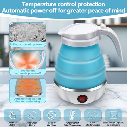 Travel Kettle Electric Small Foldable Portable Kettle,Silicone Collapsible Heating Water Boiler Tea Pot for Camping,Easy for Storage with Separable Power Cord (Blue pro)