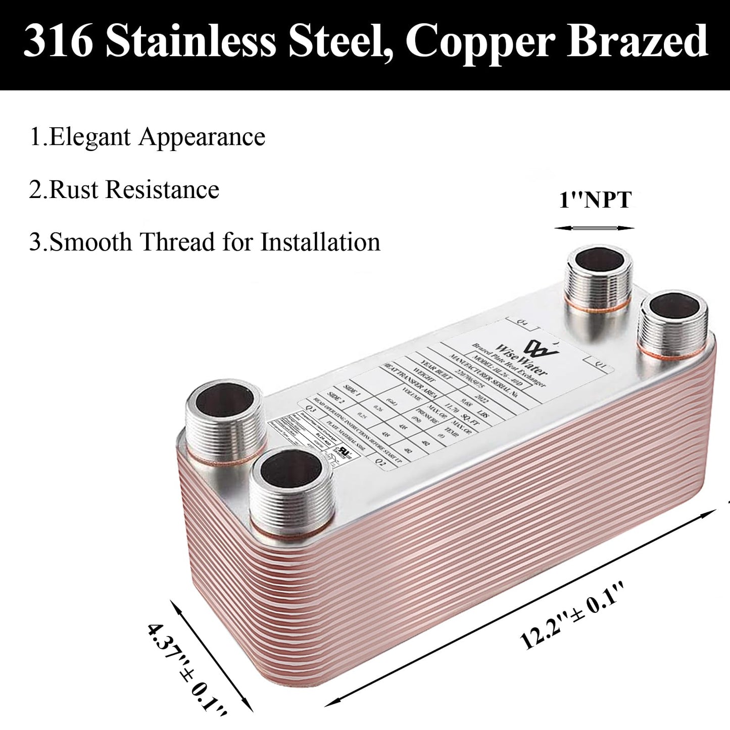 AB Plate Heat Exchanger, 4"x12" 30 Plates Water To Water Heat Exchanger, Copper/SS316L Stainless Steel Brazed Plate Heat Exchanger For Floor Heating, Water Heating, Snow Melting